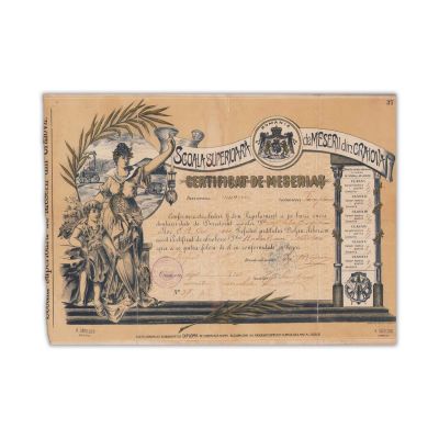 Certificat de meseriaș, 1906, emis de aceeași școală unde a studiat C. Brâncuși, Piesă foarte rară