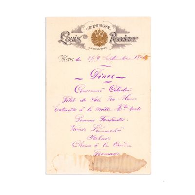Meniu cu reclama Champagne Louis Roederer, cu numeroase semnături, 1906