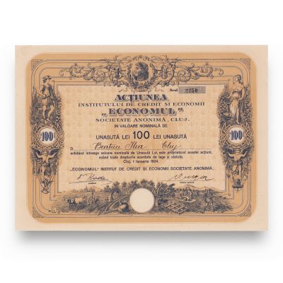 Institutul de Credit și Economii „Economul”, acțiune în valoare de 100 lei, 1924