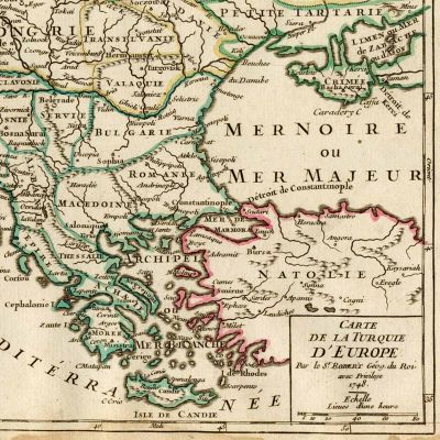 Harta Turciei Europene, gravură pe cupru colorată manual, 1748  