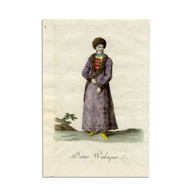 Femeie și bărbat din Valahia, două gravuri colorate manual 