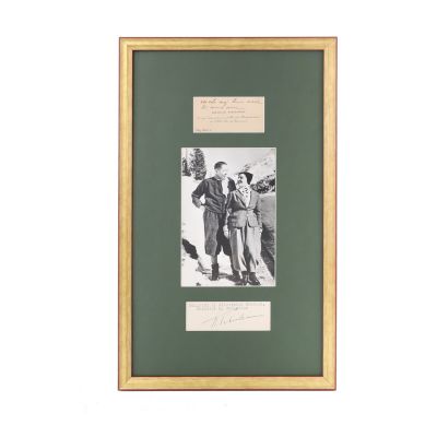 Nicolae Titulescu, fotografie de presă + carte de vizită cu însemnare olografă + bilet cu semnătură olografă