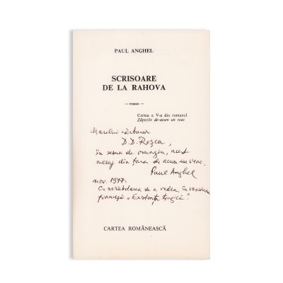 Paul Anghel, Scrisoare de la Rahova, 1977, cu dedicație pentru D. D. Roșca
