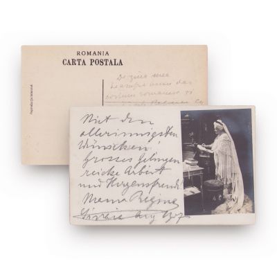 Regina Elisabeta a României, fotografie tip carte poștală cu amplă însemnare olografă, 1907 