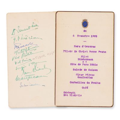Meniu cu semnăturile lui Victor Eftimiu, Tudor Mușatescu, Sergiu Dan, Șerban Cioculescu, 6 noiembrie 1935