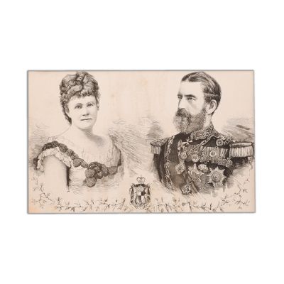 Regele Carol I și regina Elisabeta, litografie + cifrul regelui Carol I