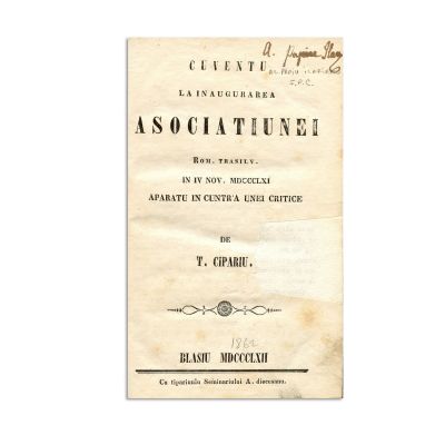 T. Cipariu, Cuvânt la inaugurarea Asociației, 1862, cu semnătura lui A. Papiu-Ilarian