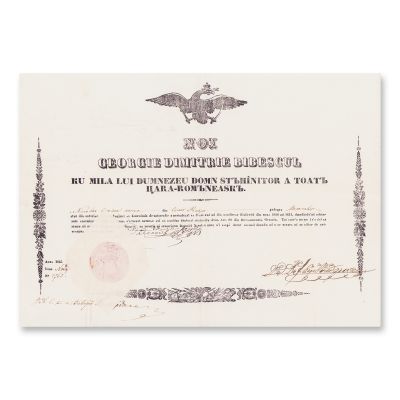 Diplomă de confirmare a statutului de boier de neam, cu semnătura domnitorului Gheorghe Bibescu, 1845