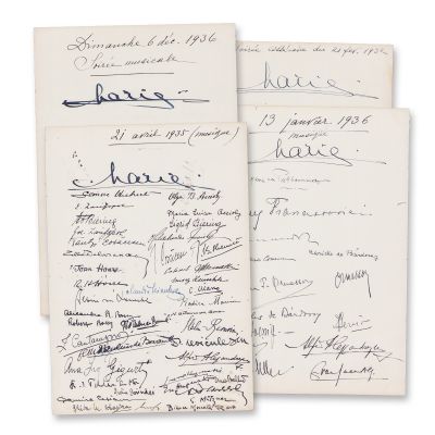 Serate muzicale, patru file cu semnăturile reginei Maria și ale participanților, 1932-1936