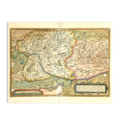 Harta principalelor locuri din Regatul Ungariei și Transilvania, gravură în cupru colorată manual, Ioan Sambucus și Abraham Ortelius, 1579