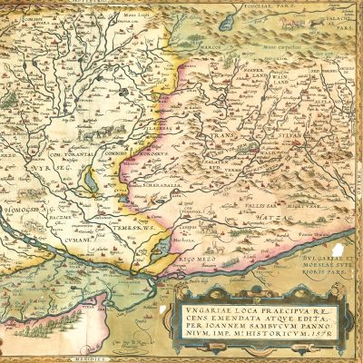Harta principalelor locuri din Regatul Ungariei și Transilvania, gravură în cupru colorată manual, Ioan Sambucus și Abraham Ortelius, 1579