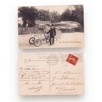 Traian Vuia și aeroplanul său, fotografie tip carte poștală, cca. 1906-1907