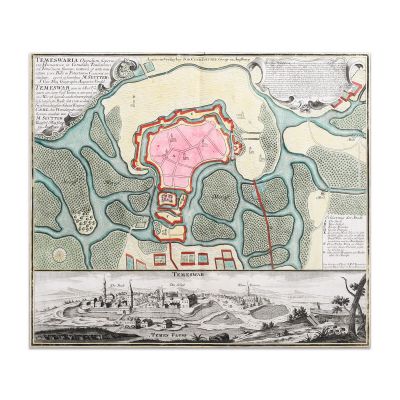 Matthias Seutter, harta cetății Timișoara, gravură colorată manual, 1745