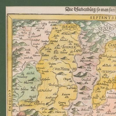 Harta Transilvaniei, xilogravură colorată manual, Basel, cartograf Sebastian Münster, cca. 1550-1588 