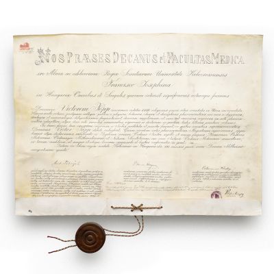 Victor Popp, diplomă de absolvent al Facultății de Medicină în Cluj, 1908
