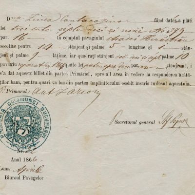 Bilet emis de primăria comunei București pentru Zinca Cantacuzino, 22 aprilie 1866 