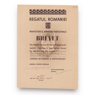„Insigna de război a cercetașilor”, brevet acordat lui Bărbulescu Ștefan, 1938
