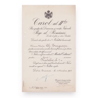 Maior Medic Gh. Brezeanu, brevet cu semnătura olografă a regelui Carol al II-lea, 1935