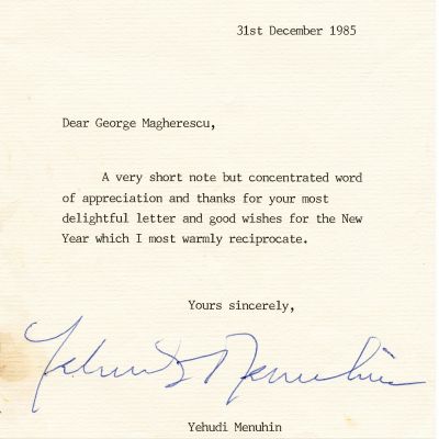 Yehudi Menuhin, scrisoare către George Magherescu, 1985