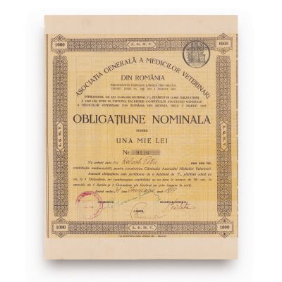 Asociația Generală a Medicilor Veterinari, obligațiune nominală pentru 1000 lei, 1939