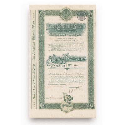 Banca Comerțului Bălcești, acțiune nominativă de 500 lei, 1927