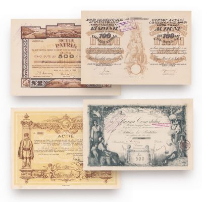 Colecție de patru acțiuni:  „Patria”, „Banca Comerțului”, „Banca Poiana”, „Casă de Economie Agrară Târgu-Mureș”, 1920-1940