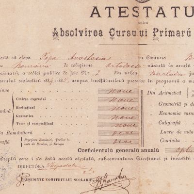 Atestat pentru absolvirea cursului primar urban, 1886
