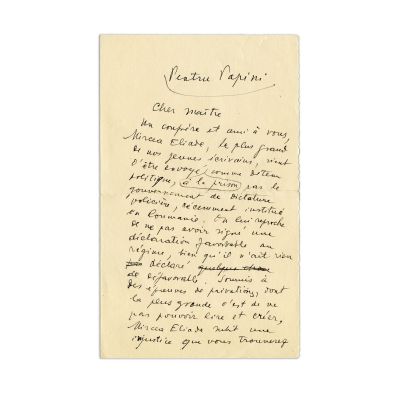Ciornele unor scrisori expediate către Andre Gide, Aldous Huxley și Giovanni Papini privind arestarea lui Mircea Eliade