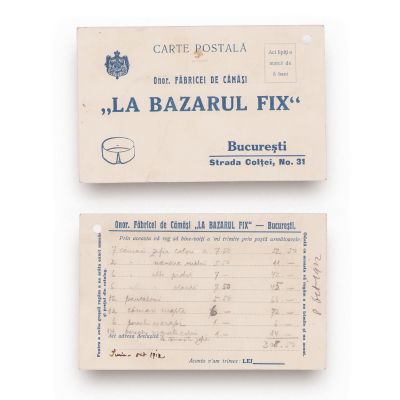 Fabrica de cămăși „La Bazarul Fix”, carte poștală pentru comenzi, 1912 