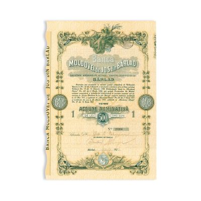 „Banca Moldovei de Jos din Bârlad”, titlu pentru acțiune nominativă în valoare de 500 lei, martie 1928