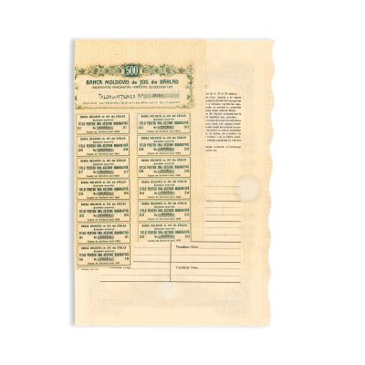 „Banca Moldovei de Jos din Bârlad”, titlu pentru acțiune nominativă în valoare de 500 lei, martie 1928