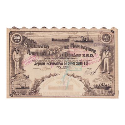 Societatea Anonimă Română de Navigație pe Dunăre, acțiune nominativă de 500 lei, 1914