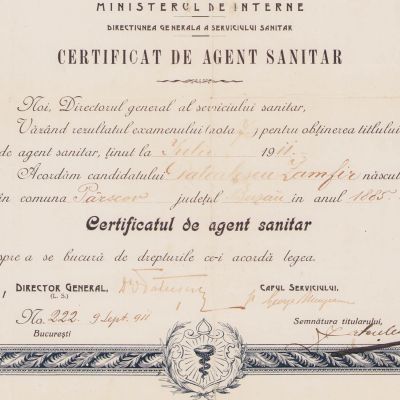 Datculescu Zamfir, certificat de agent sanitar, 9 septembrie 1911