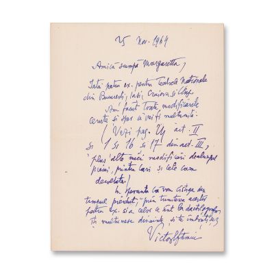Victor Eftimiu, scrisoare către Margareta Bărbuță, 25 noiembrie 1964