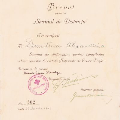Dumitrescu Alexandrina, brevet al Societății Naționale de Cruce Roșie, 1942