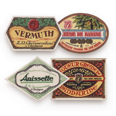 Crème de mandarine, Crème de banane, Vermuth, Anissette, patru etichete pentru lichior 