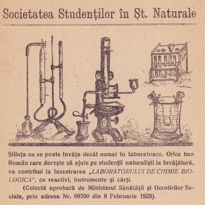 Societatea Studenților în Științe Naturale, afiș pentru donații, 8 februarie 1928