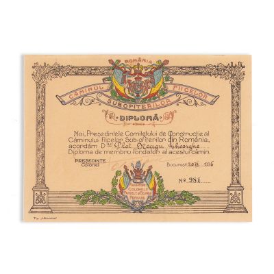 Căminul Fiicelor Subofițerilor din România, diplomă de membru fondator, 1936 