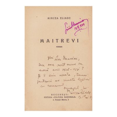Mircea Eliade, Maitreyi, 1934, cu dedicație pentru Liviu Unanian și ex-libris