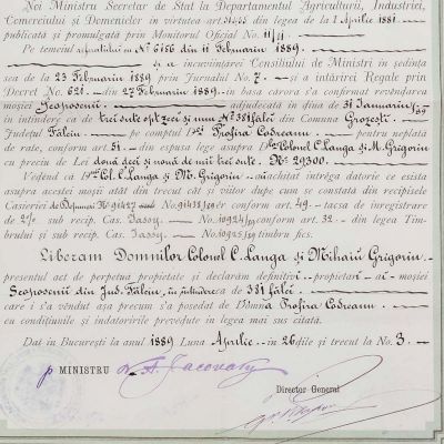 Titlu de proprietate, semnat olograf de Alexandru N. Lahovari, 1889