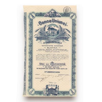 „Banca Uniunei Agricole, Comerciale și Industriale”, titlu la purtător, 1925
