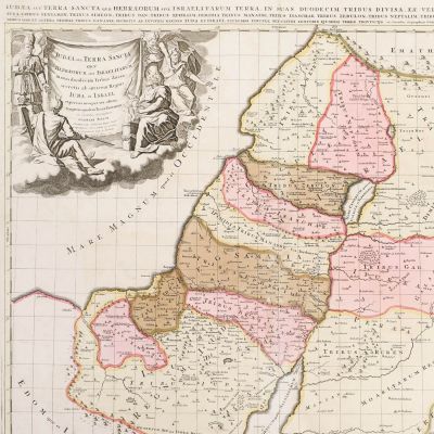Harta Iudeii sau a Țării Sfinte, gravură în cupru colorată manual, cartograf Guillaume Sanson, cca. 1700 