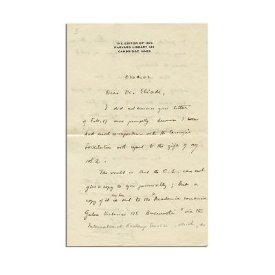George Sarton, scrisoare pentru Mircea Eliade, 2 aprilie 1933