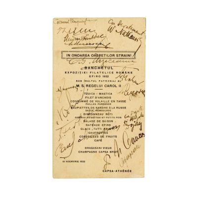 Meniul Banchetului Expoziției Filatelice Române (EFIRO), 19 noiembrie 1932, cu numeroase semnături