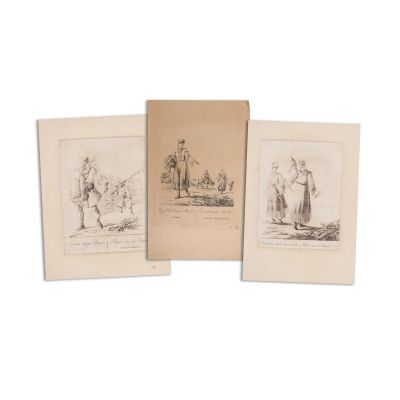 Fată valahă, țărani din Munții Carpați, femei în costum tradițional, trei gravuri în metal, cca. 1810