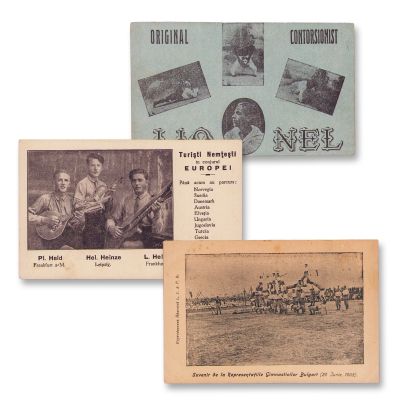 Contorsionistul Lionel, gimnaști bulgari și turiști nemți în înconjurul Europei, trei cărți poștale fotografice 