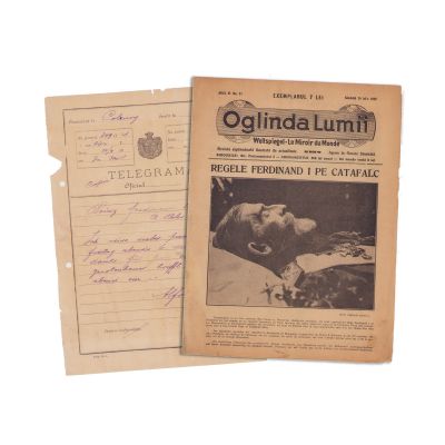 Alfred, duce de Saxa-Coburg și Gotha, telegramă pentru principele Ferdinand I + Publicația „Oglinda lumii”, An VI, No. 31 - Regele Ferdinand I pe catafalc, 30 iulie 1927