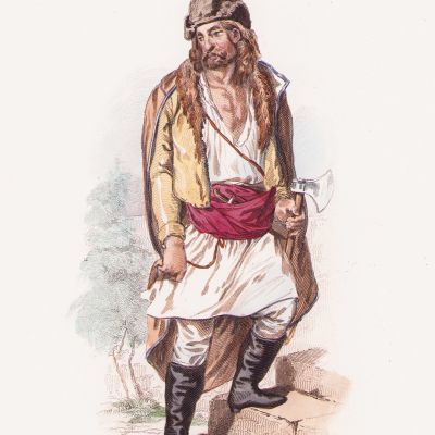 Țăran din zona Galați, litografie colorată manual, cca. 1840