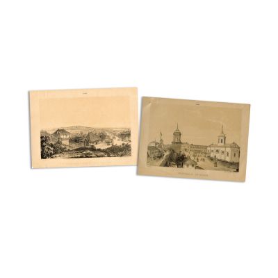 Vedere generală luată de pe podul Nicolinei și Spitalul Sf. Spiridon, două litografii, P. Muller și J. Rey, 1845