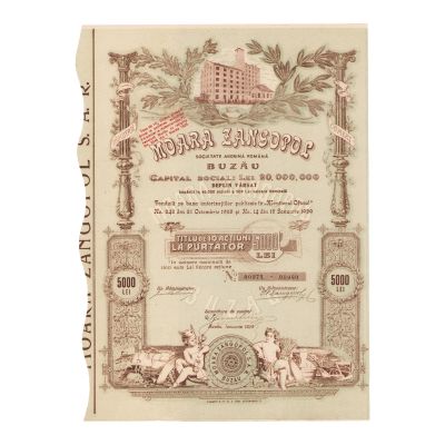 Societatea Anonimă Română „Moara Zangopol”, titlu de 10 acțiuni la purtător în valoare de 5000 lei, 1929 